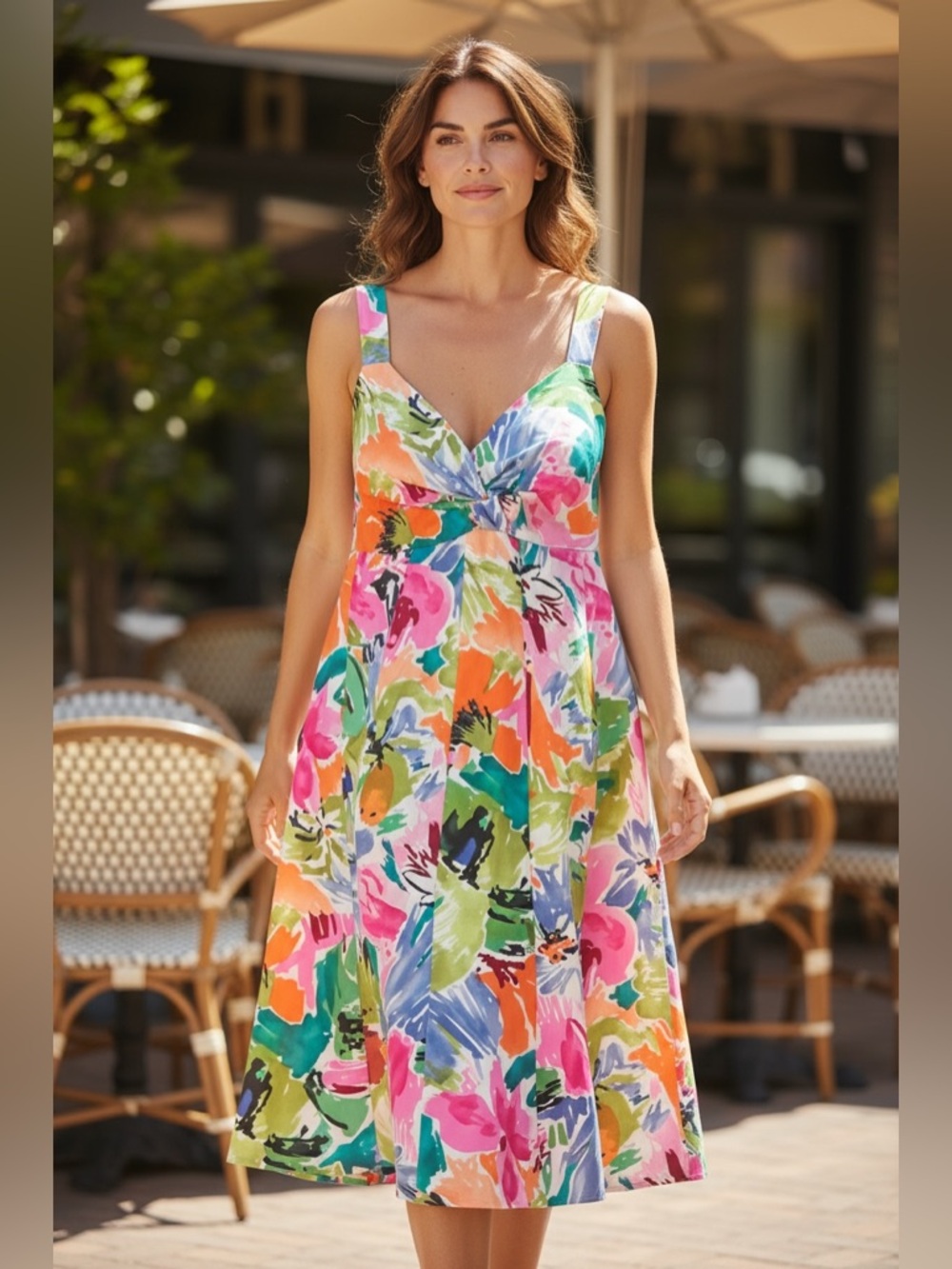 R&K Originals Multicolor Cotton Floral Knee Length Dress with V-Neck Size 10